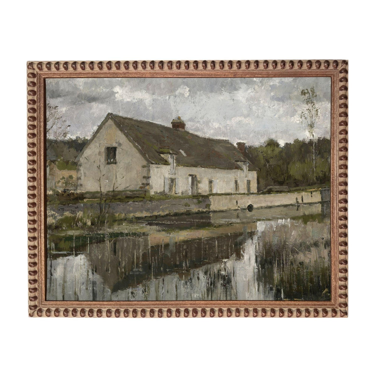 The image is an oil painting depicting a house situated next to a body of water, with a cloudy sky in the background.