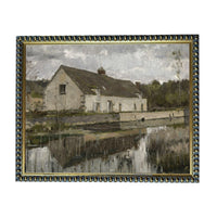 The image is a painting of a house situated near a body of water, with a cloudy sky in the background.