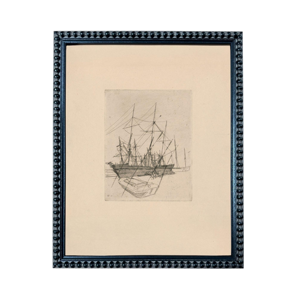 The image is a framed artwork depicting a ship sailing on the water.