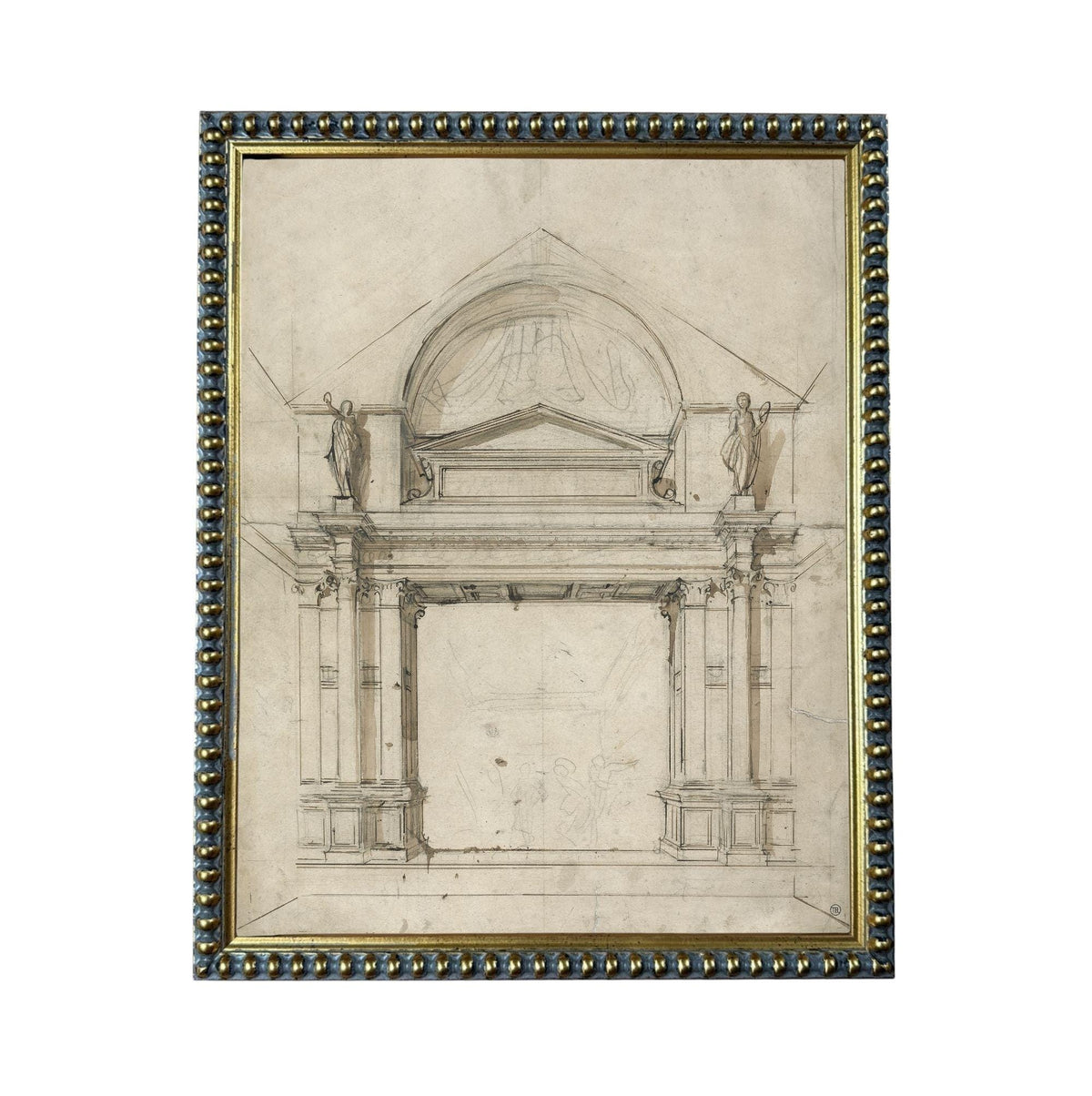 The image is a framed drawing of an architectural structure, possibly a building or monument, with two statues on either side of the entrance.