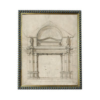 The image is a framed drawing of an architectural structure, possibly a building or monument, with two statues on either side of the entrance.