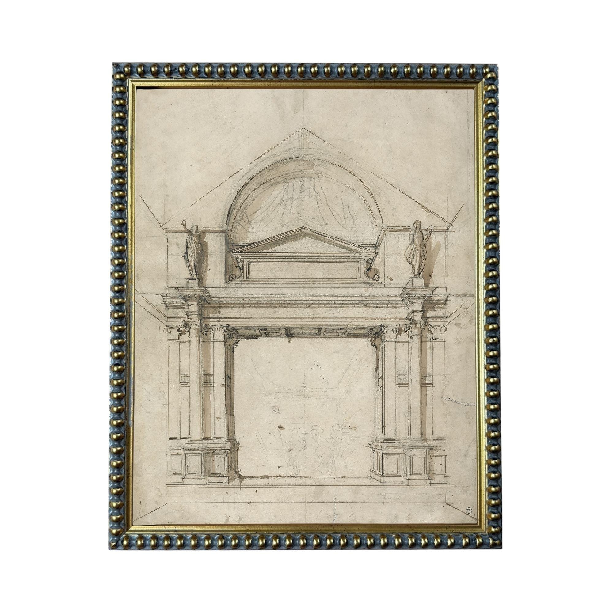 The image is a framed drawing of an architectural structure, possibly a building or monument, with two statues on either side of the entrance.