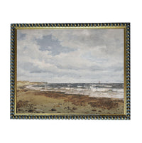 The image is a painting of a beach scene with a cloudy sky, ocean waves, and boats in the distance.