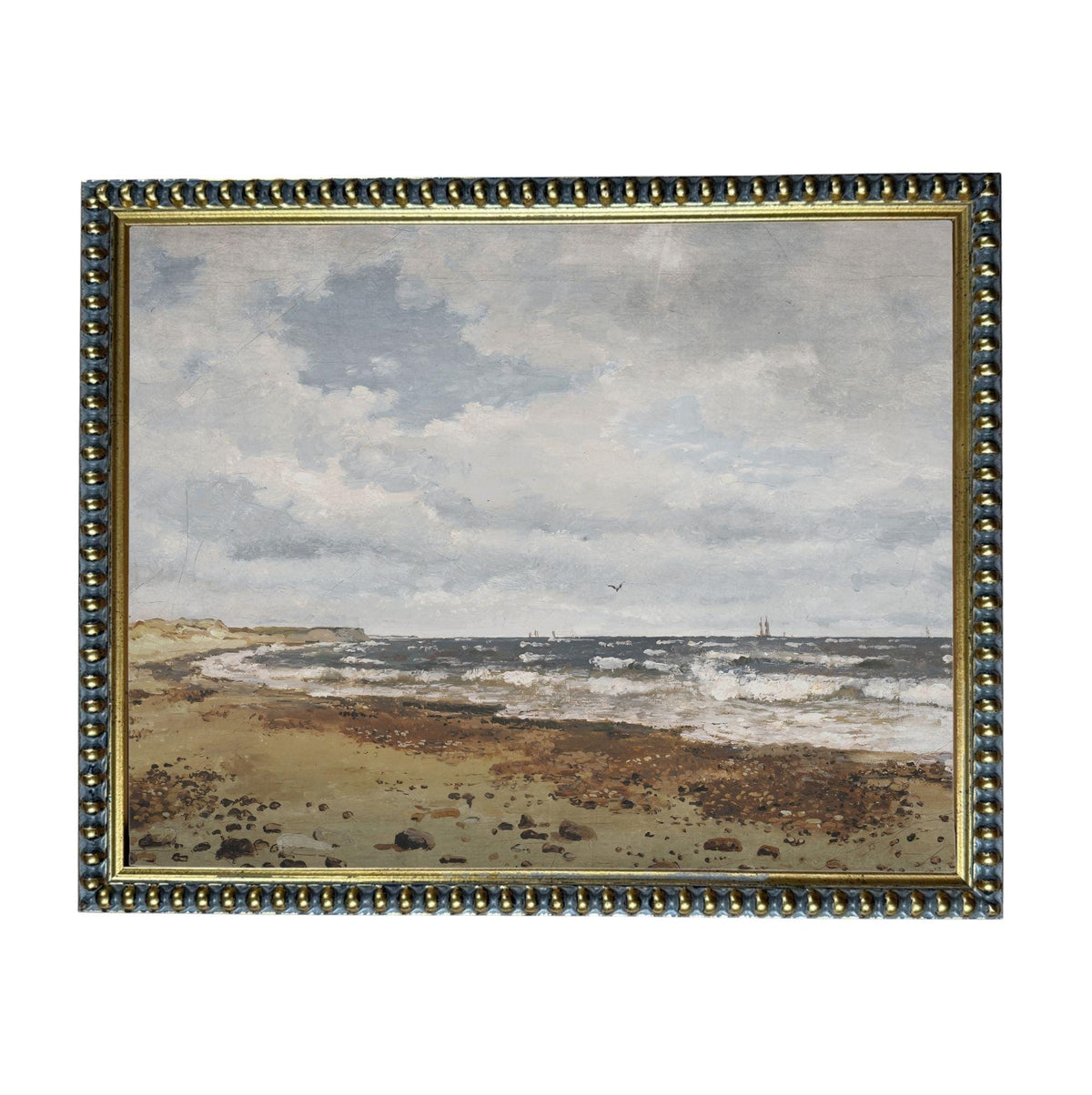 The image is a painting of a beach scene with a cloudy sky, ocean waves, and boats in the distance.