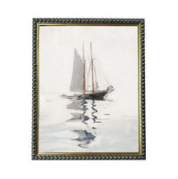 A painting of a sailboat on the water, with a reflection of the boat on the water's surface.
