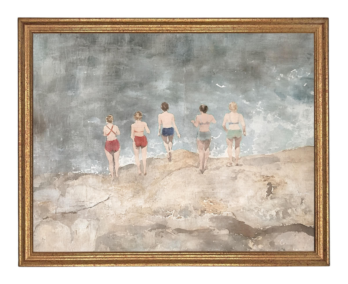 Vintage Beach Scene Framed Canvas Art Print #COAS-207
