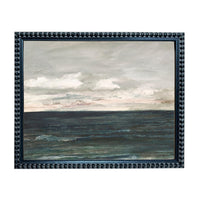 The image is a framed painting depicting a serene ocean scene with a cloudy sky above.