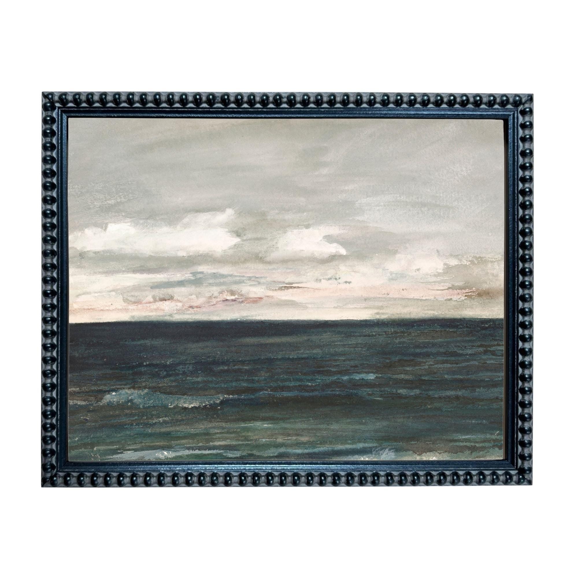 The image is a framed painting depicting a serene ocean scene with a cloudy sky above.