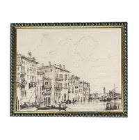 The image is a black and white sketch of a cityscape, featuring buildings, boats, and a river.