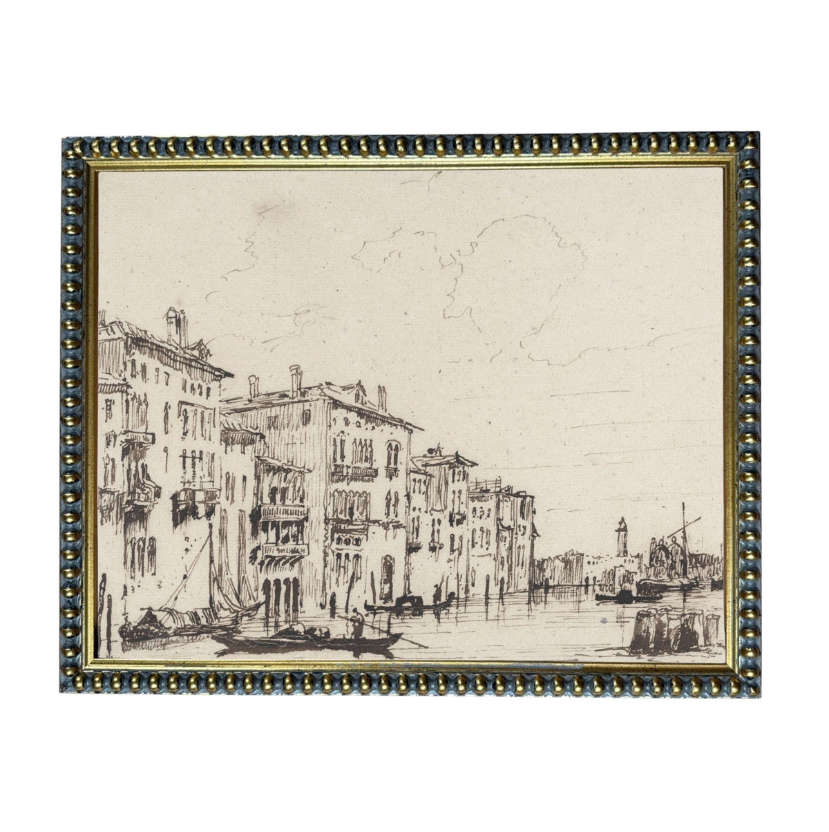 The image is a black and white sketch of a cityscape, featuring buildings, boats, and a river.