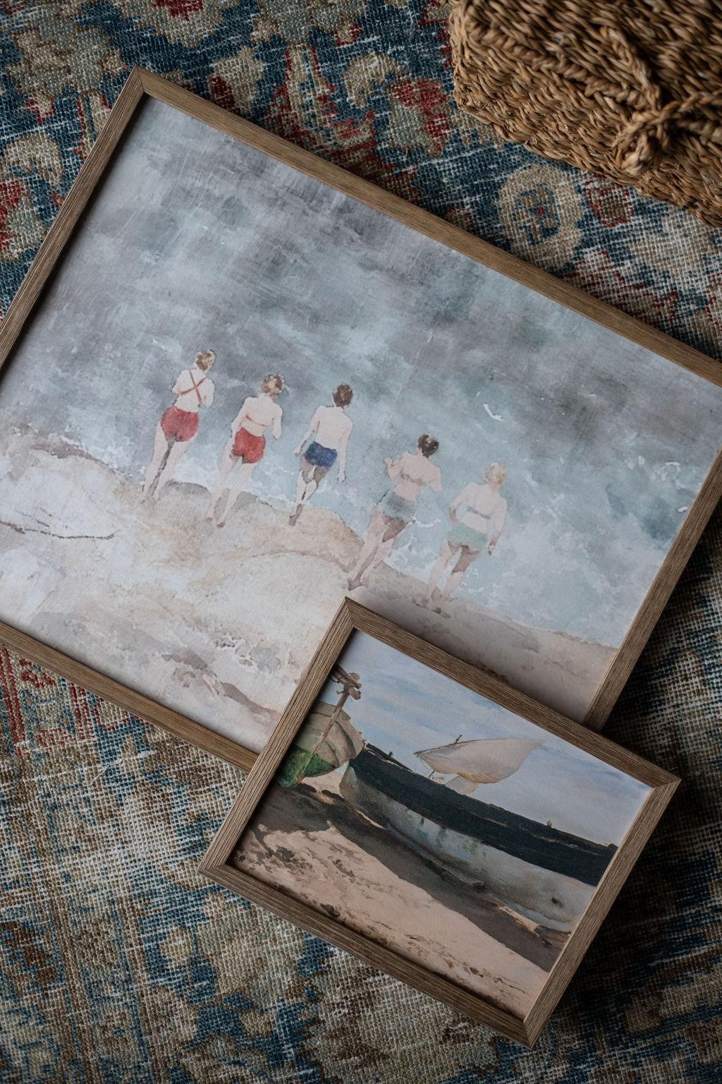 Vintage Beach Scene Framed Canvas Art Print #COAS-207