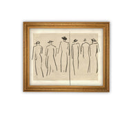 READY TO SHIP 8X10 Vintage Framed Canvas Art: Women Walking Sketch Print