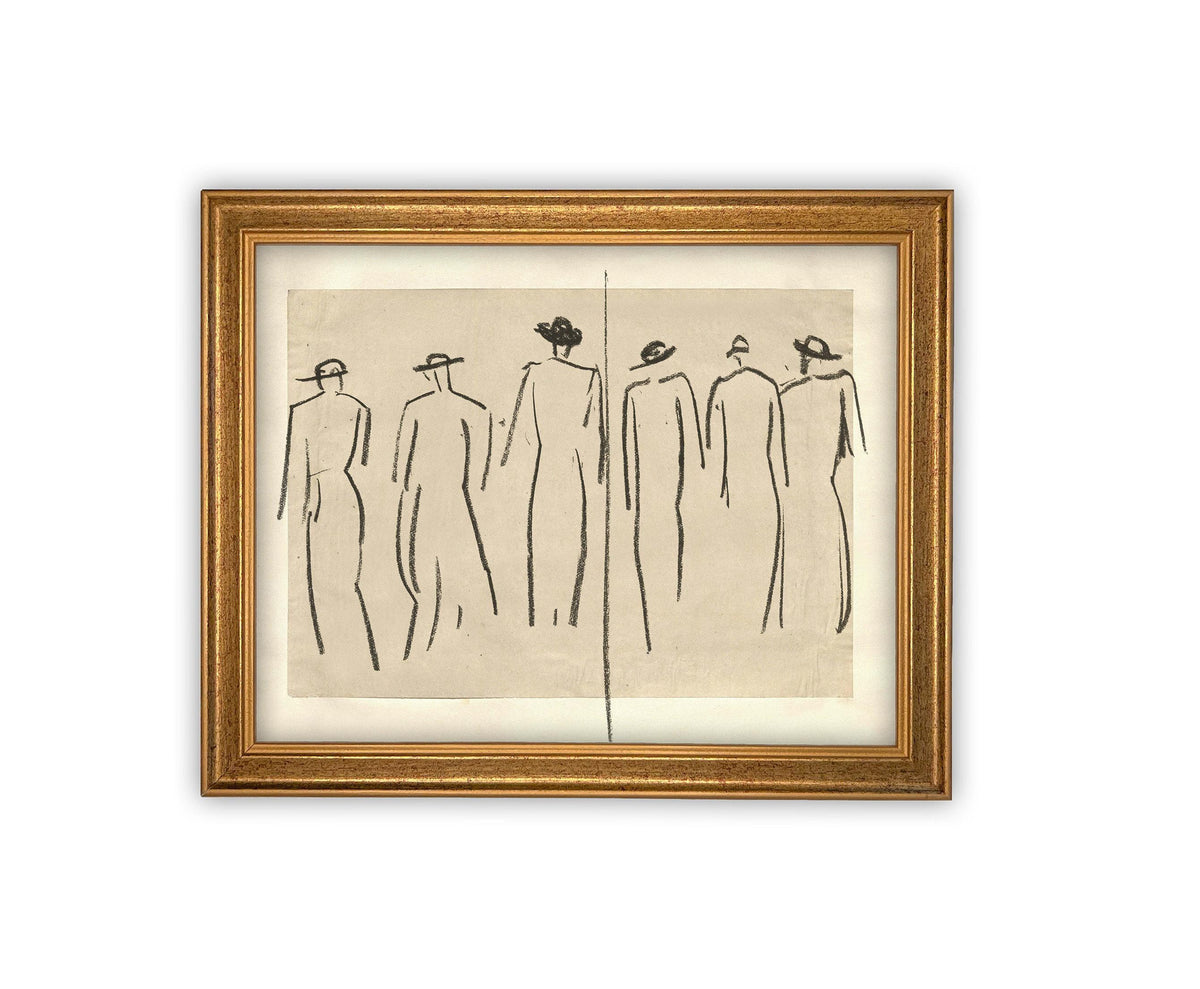 READY TO SHIP 8X10 Vintage Framed Canvas Art: Women Walking Sketch Print