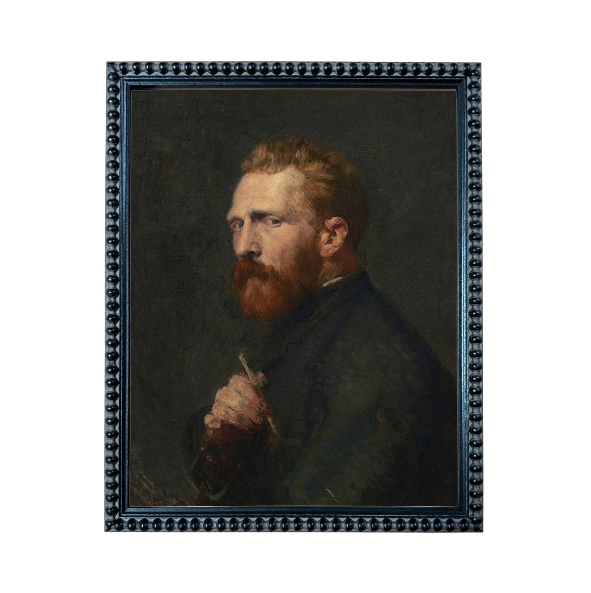 The image is a painting of a man with a beard, wearing a dark coat, and holding a pipe.