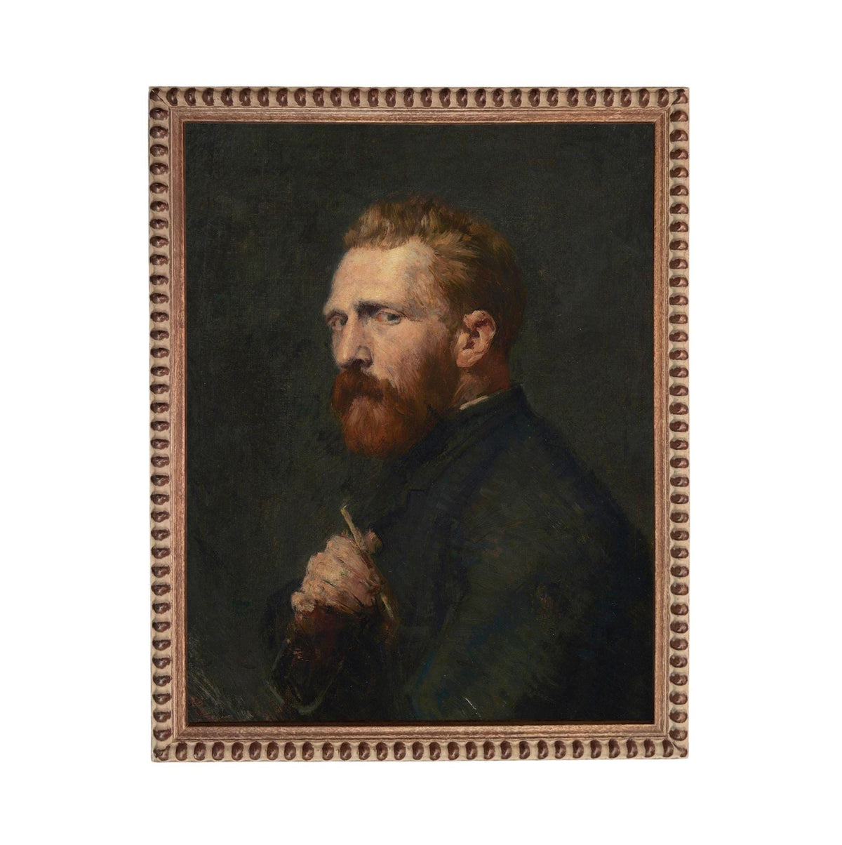 The image is a portrait of a man with a beard, wearing a dark jacket and holding a cane.