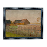 The image is an oil painting depicting a rural landscape with a farmhouse, a fence, and a field.