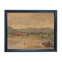 The image is a framed watercolor painting depicting a rural landscape with a farmhouse, mountains in the background, and a body of water in the foreground.