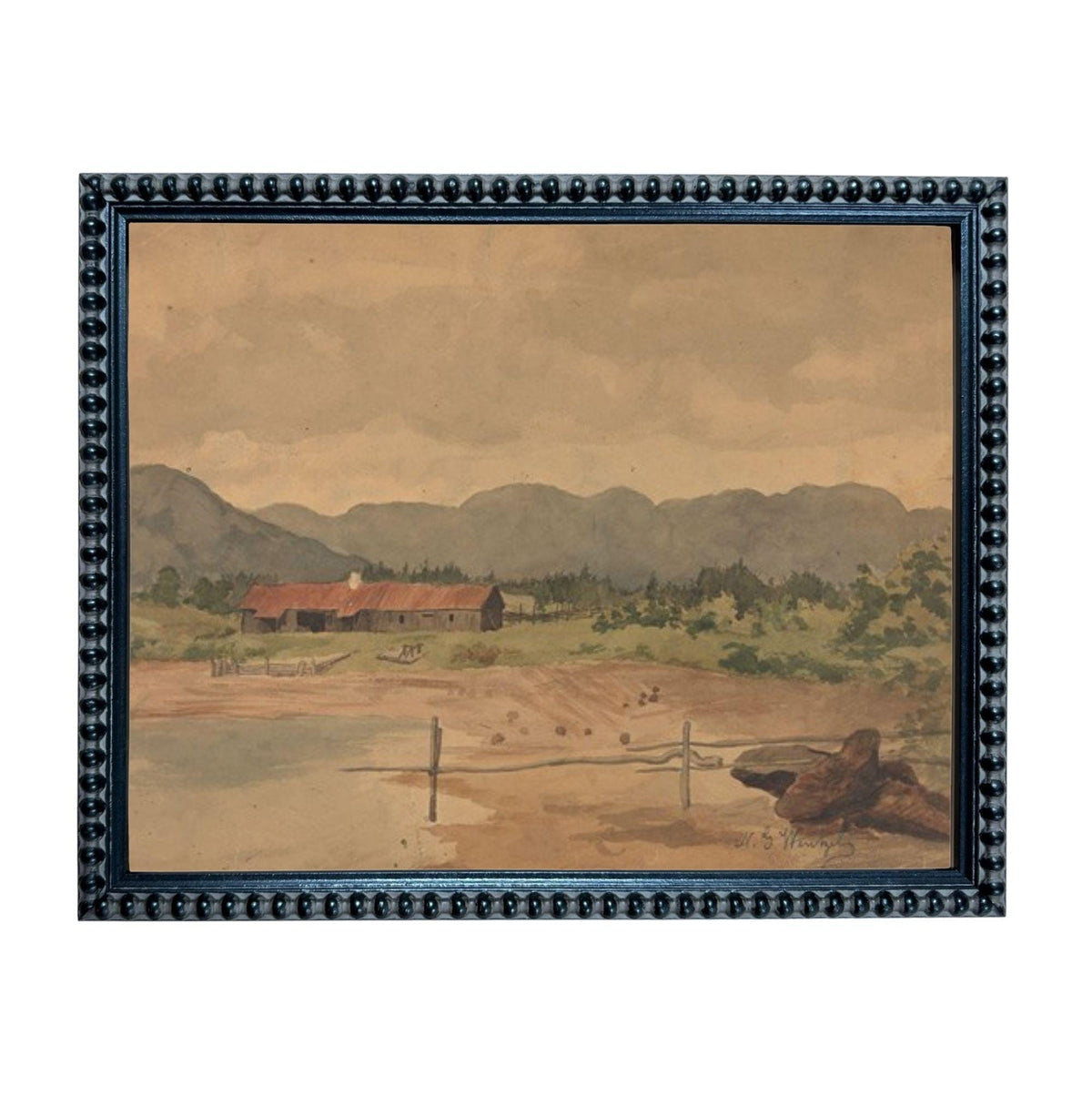 The image is a framed watercolor painting depicting a rural landscape with a farmhouse, mountains in the background, and a body of water in the foreground.