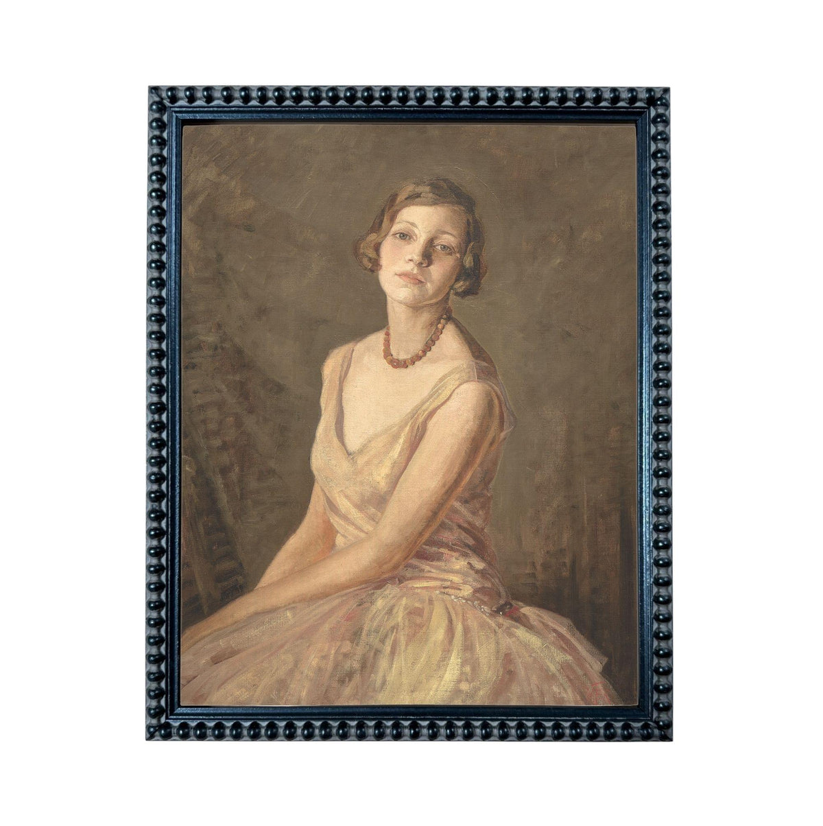 A portrait of a woman wearing a pink dress, with a pensive expression on her face.