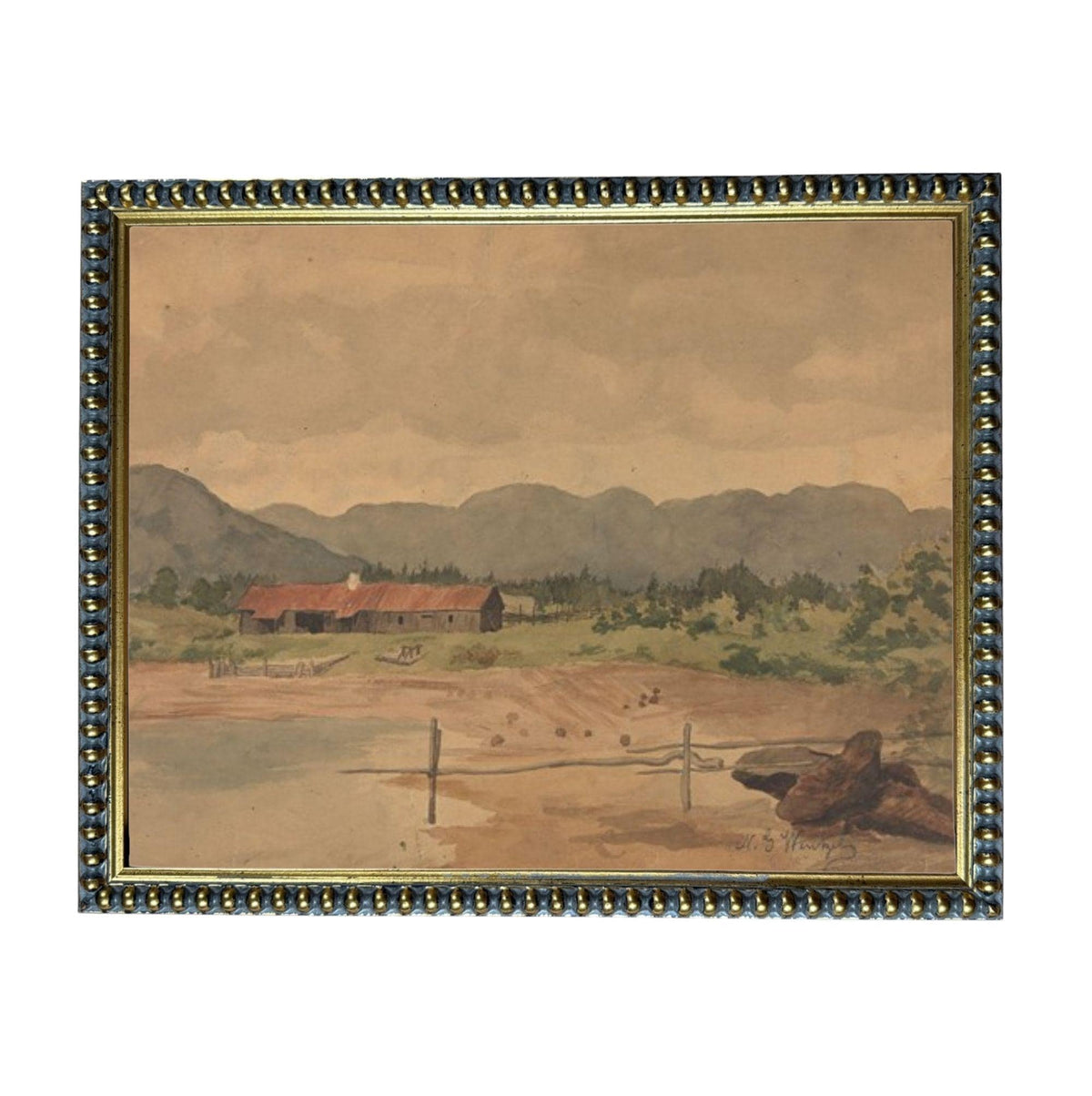 a rural landscape with a farmhouse, mountains in the background, and a body of water in the foreground.