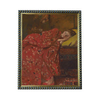 The image is a painting of a woman wearing a red dress with a floral pattern, lying down and resting her head on her hand.