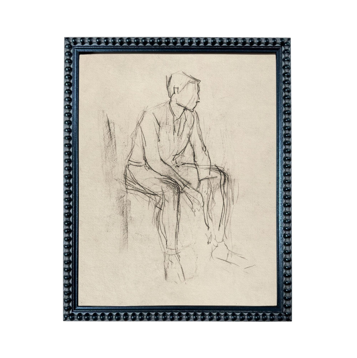 A black and white sketch of a seated man in a chair.