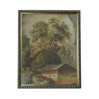 The image is a painting of a rural landscape with a large tree in the foreground and a small building in the background.