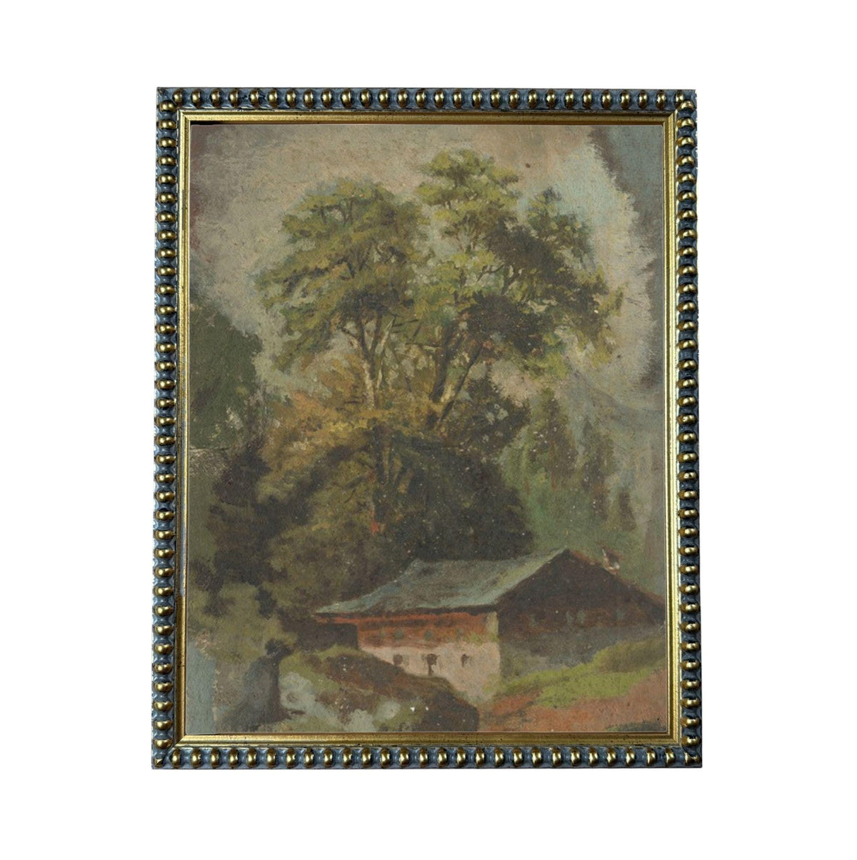 The image is a painting of a rural landscape with a large tree in the foreground and a small building in the background.