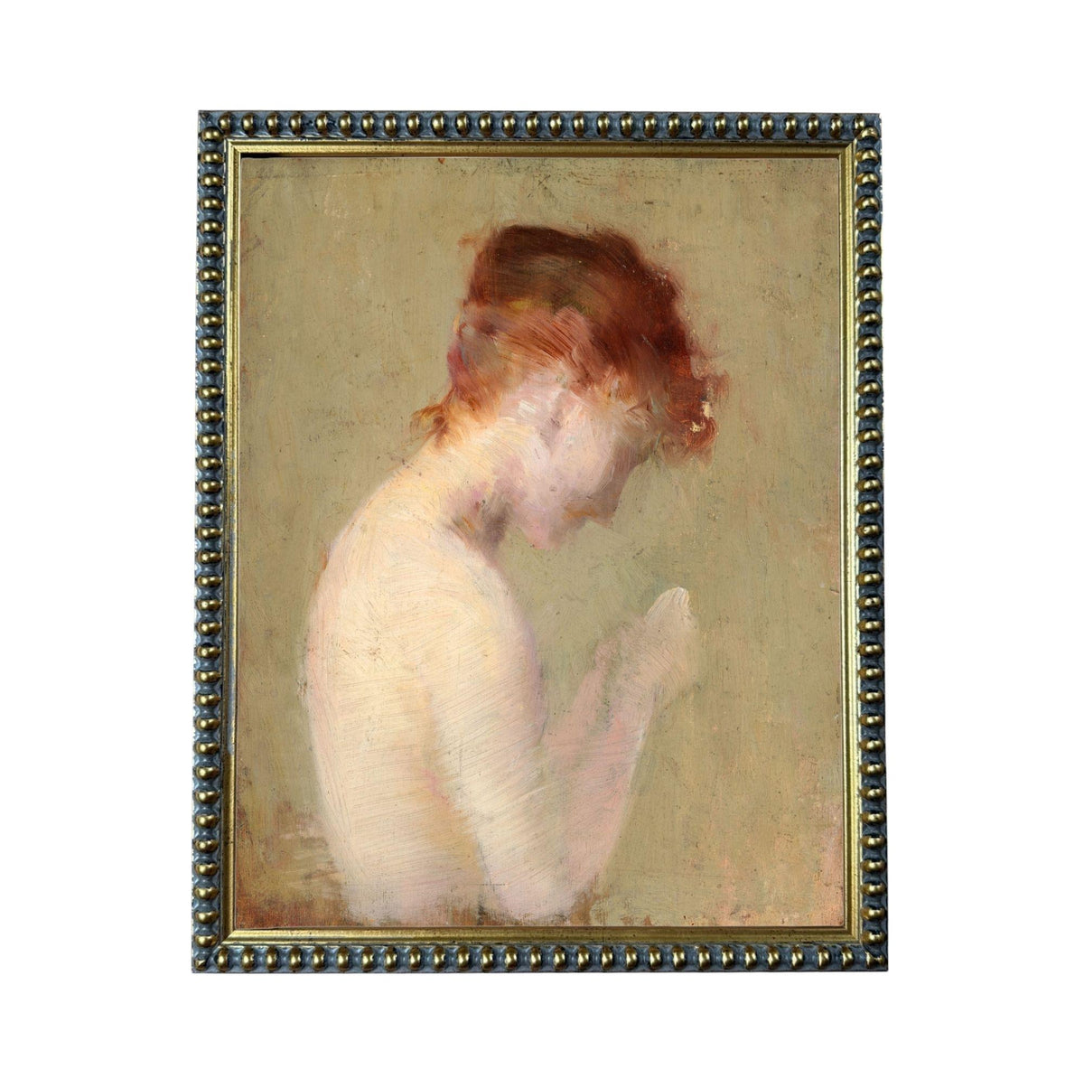 The image is a painting of a woman with red hair, depicted in a pensive or contemplative pose.