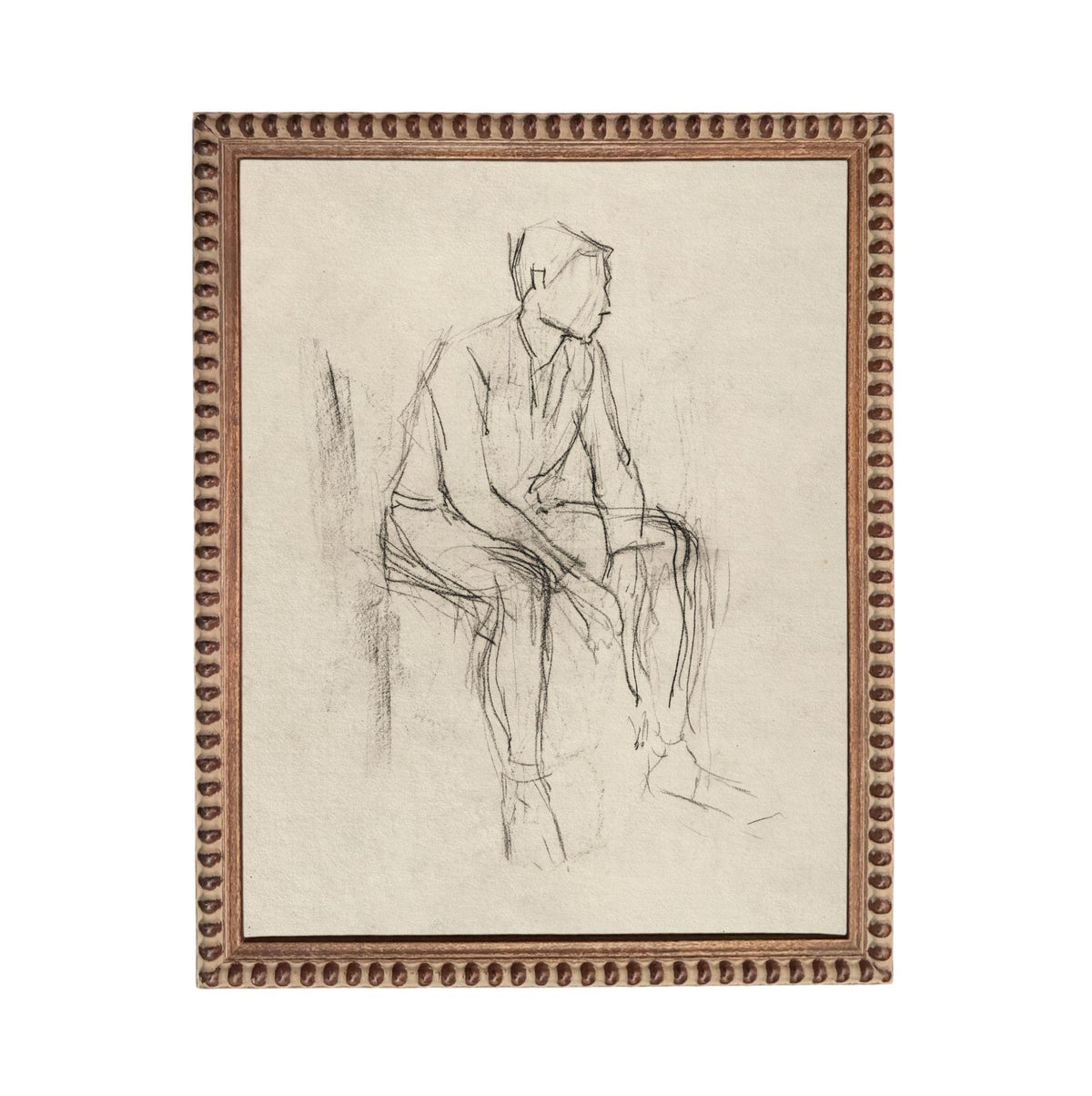 A sketch of a seated man in a chair, drawn in a loose, sketchy style.