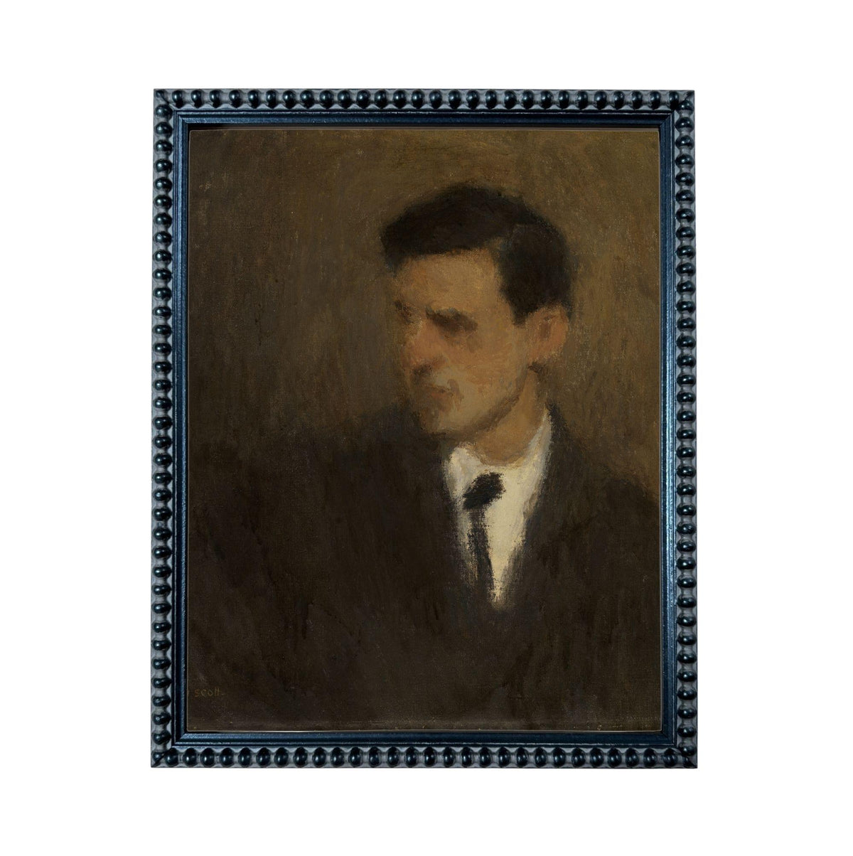 The image is a portrait of a man wearing a suit and tie, with a dark background.