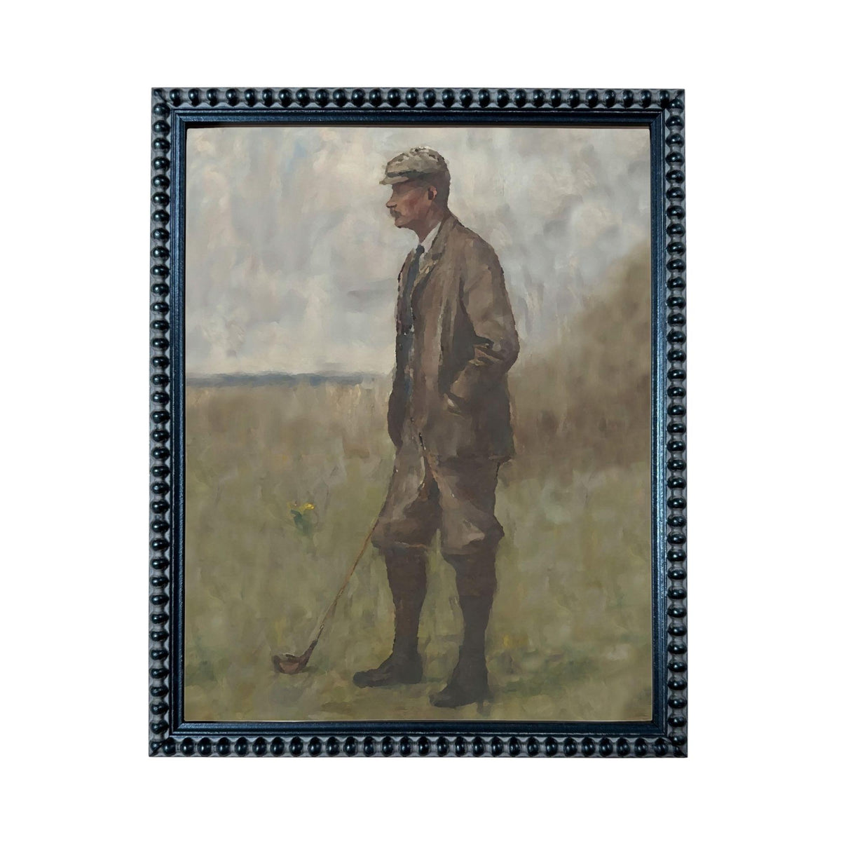 A painting of a man dressed in a suit and hat, holding a golf club, standing in a grassy field.