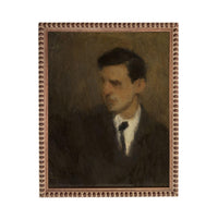 The image is a portrait of a man wearing a suit and tie, with a pensive expression on his face.