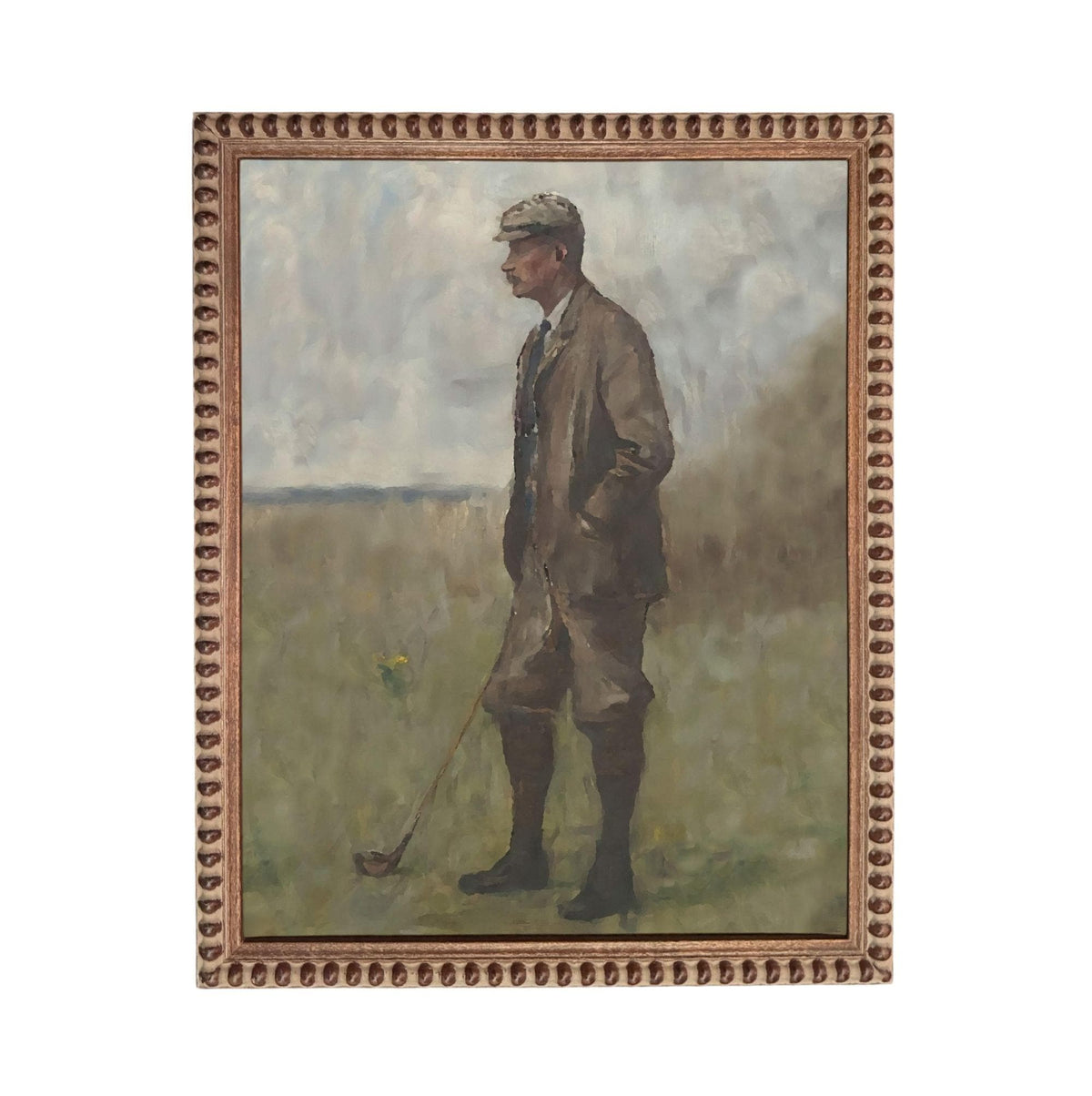 A painting of a man dressed in a suit and hat, holding a golf club, standing in a grassy field.