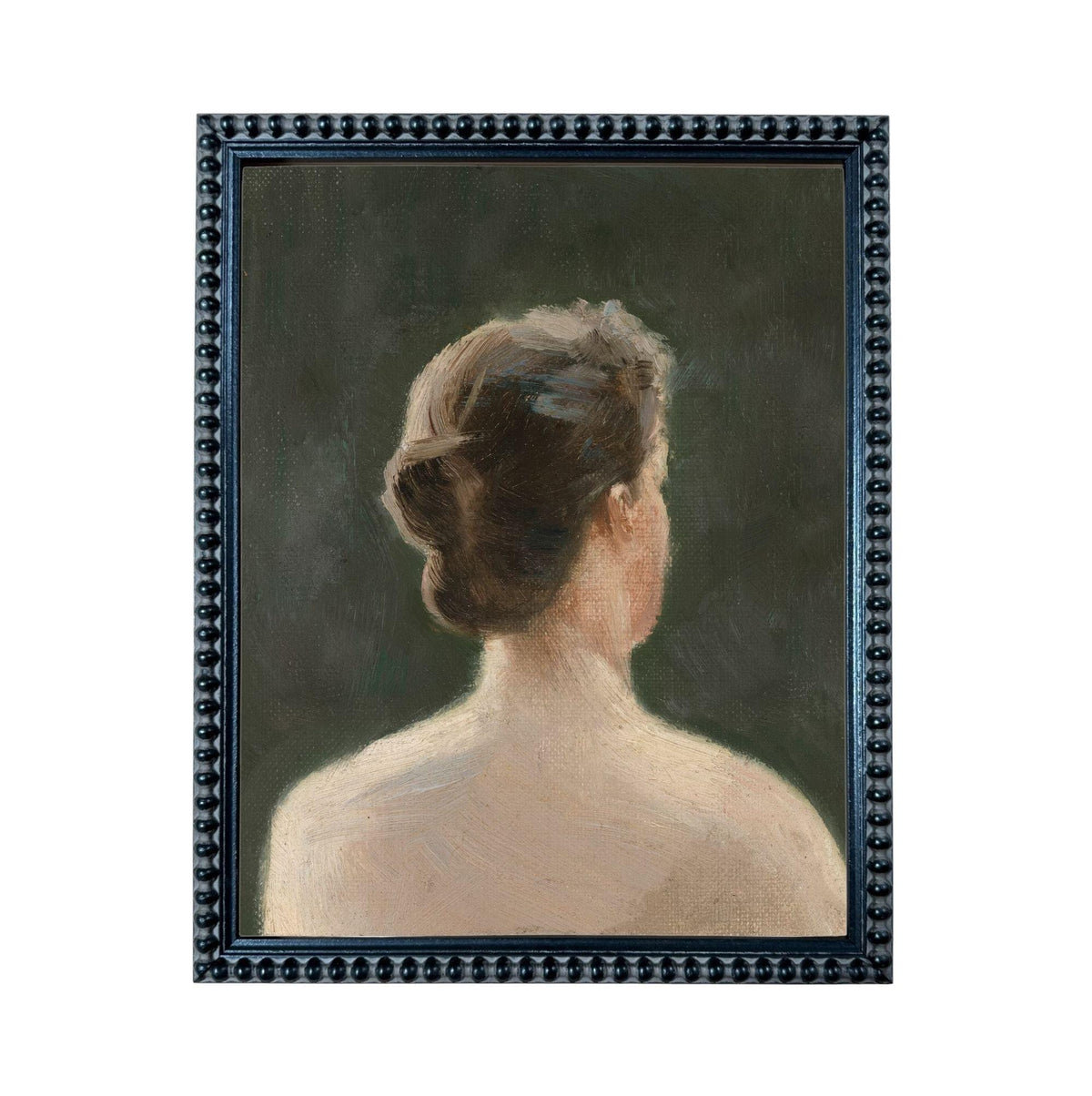The image is a painting of a woman's back, with a dark frame surrounding the artwork.