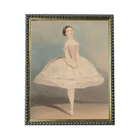 A painting of a woman in a white ballerina dress with a large, full skirt, standing in a pose that suggests she is a ballerina.