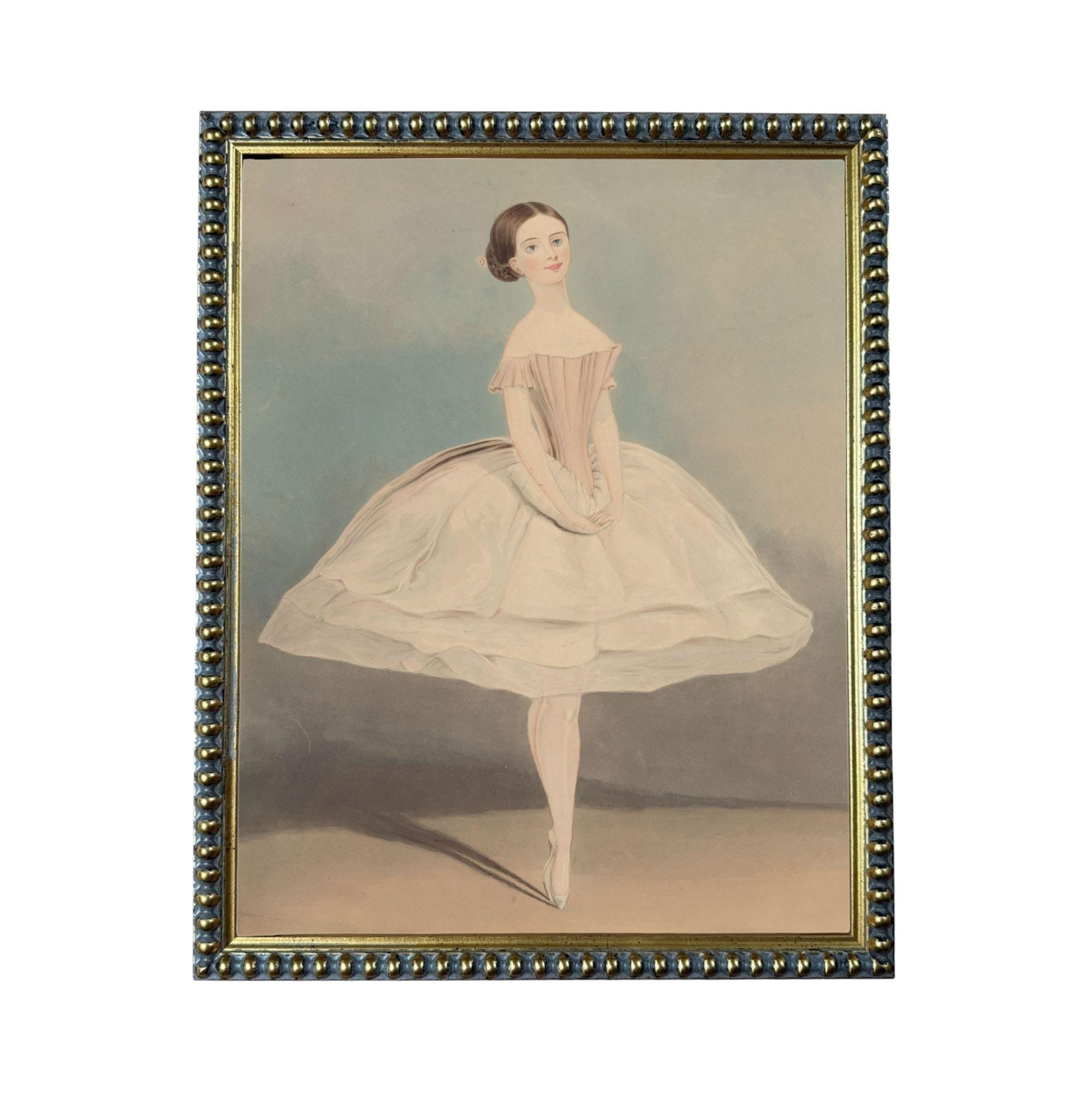 A painting of a woman in a white ballerina dress with a large, full skirt, standing in a pose that suggests she is a ballerina.