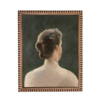 The image is a painting of a woman's back, with a dark green background.