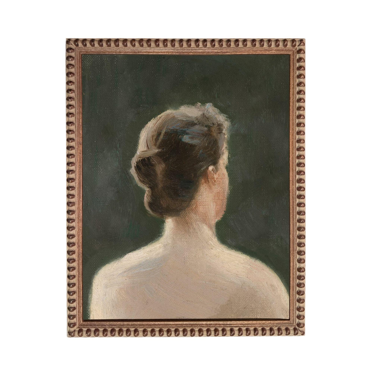 The image is a painting of a woman's back, with a dark green background.