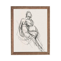 The image is a framed drawing of a seated woman, depicting a sketch-like style.