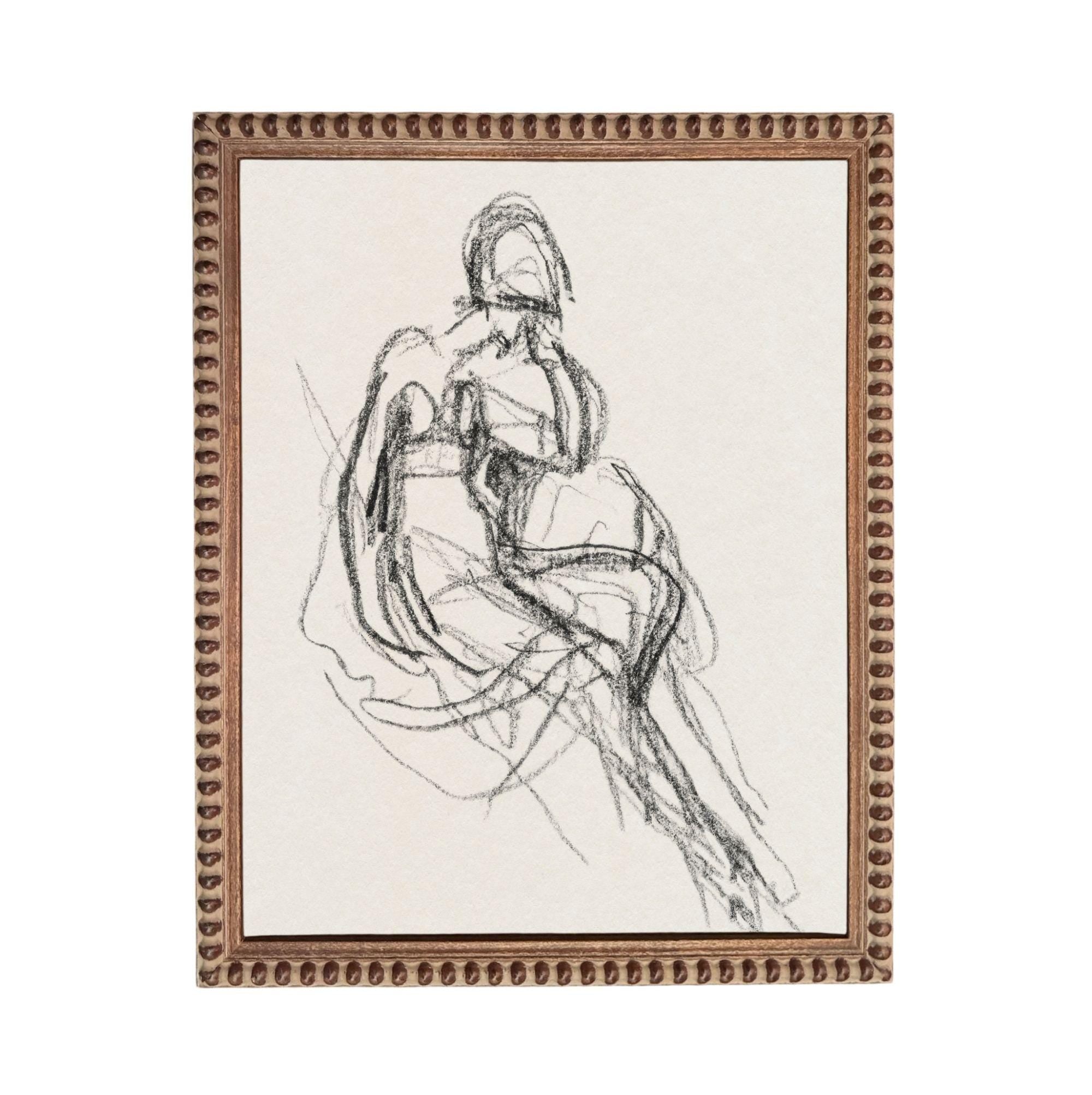 The image is a framed drawing of a seated woman, depicting a sketch-like style.