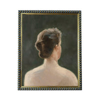 The image is a painting of a woman's back, with a dark background.