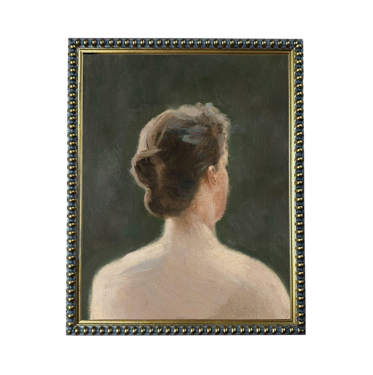 The image is a painting of a woman's back, with a dark background.