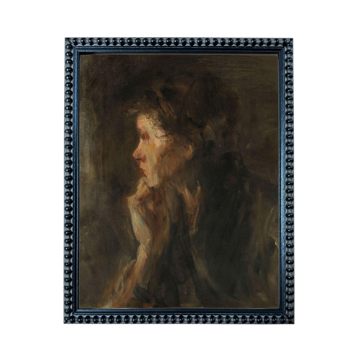 The image is a painting of a woman's profile, with a dark background and a contemplative expression.