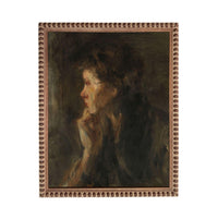 The image is a painting of a woman's profile, with a dark background and a warm, muted color palette.