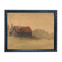 a rustic wooden cabin nestled in a rural landscape, surrounded by trees and a hazy, atmospheric background.