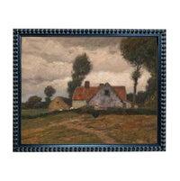 The image is a painting depicting a rural landscape with a farmhouse, trees, and a person walking in the foreground.