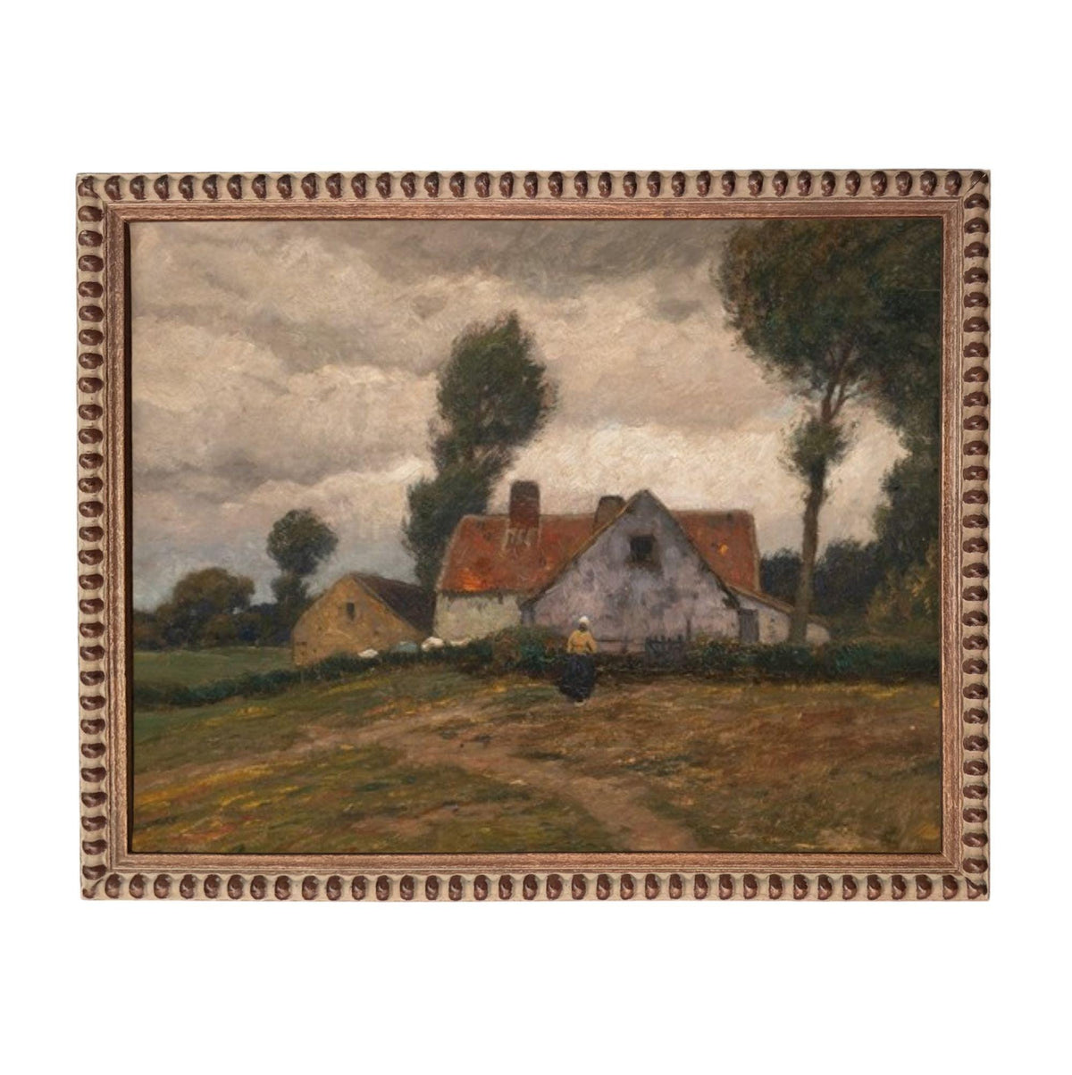 a rural scene with a person walking along a dirt path leading to a large, multi-story house with a red roof. The sky is cloudy, and there are trees in the background.