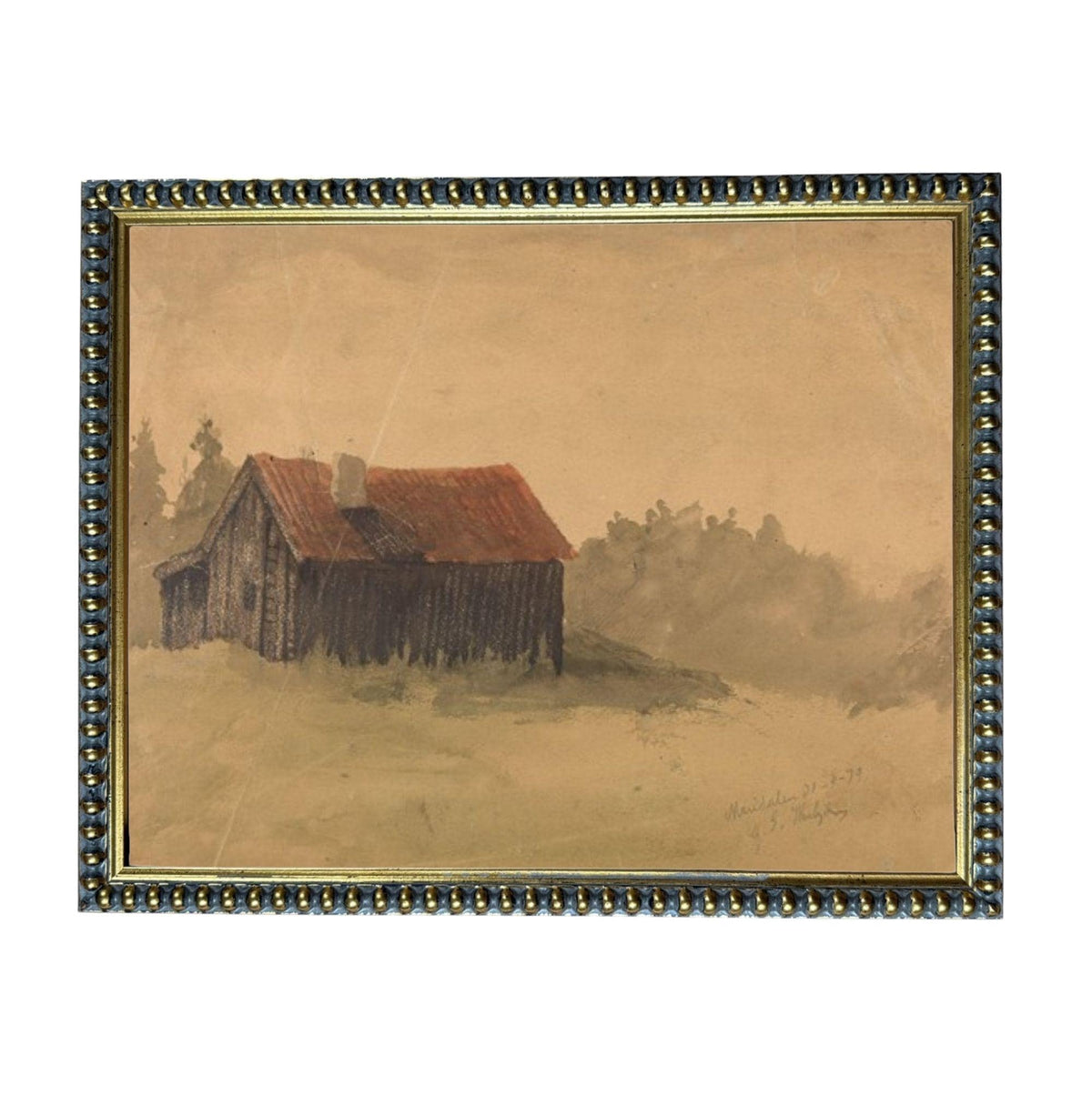 a rustic wooden cabin nestled in a rural landscape, surrounded by trees and a hazy, overcast sky.
