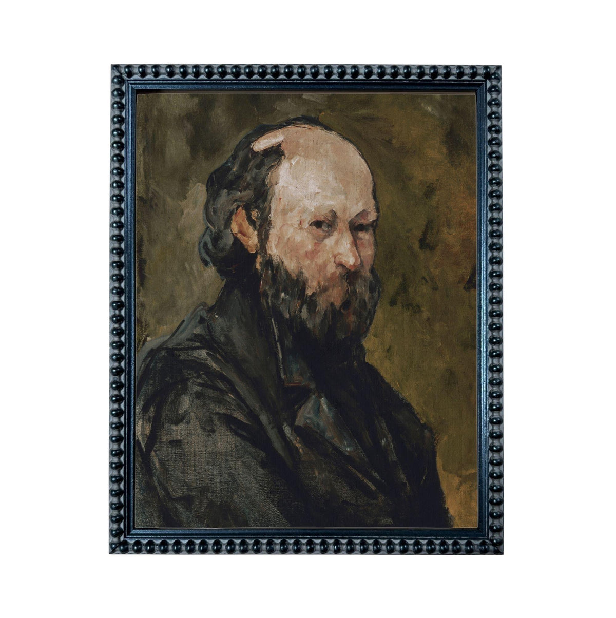 The image is a framed painting depicting a man with a beard, wearing a dark coat.